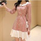 Checked Lace Trim Long-sleeve A-line Dress