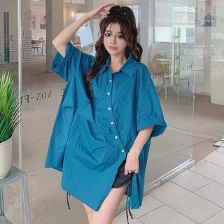 Elbow-sleeve Plain Shirt Peacock Blue - One Size
