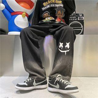 Smiley Face Print Gradient Straight Leg Jeans