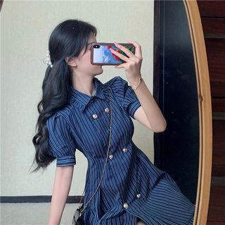 Puff-sleeve Double Breasted Striped Dress
