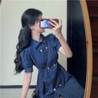 Puff-sleeve Double Breasted Striped Dress