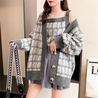 Set: Plaid Knit Cardigan + Camisole Top