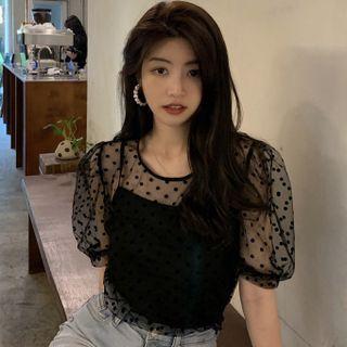 Short-sleeve Dot Mesh Blouse