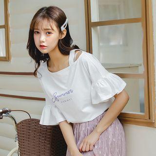 Short-sleeve Cold Shoulder Letter T-shirt White - One Size
