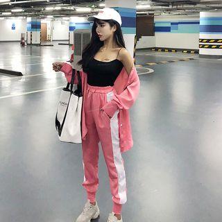 Set: Plain Shirt Jacket + Camisole Top + Contrast Trim Sweatpants