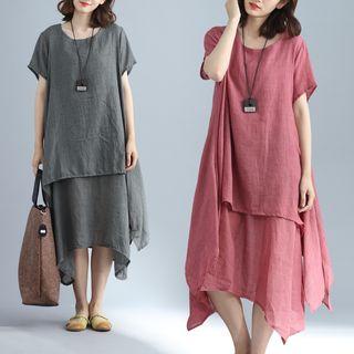 Short-sleeve Mock Two-piece Midi Dress