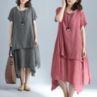 Short-sleeve Mock Two-piece Midi Dress