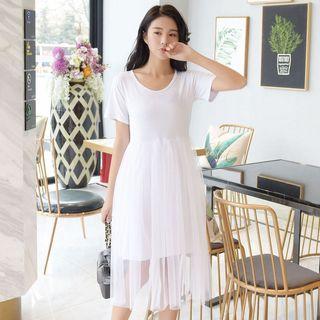 Short-sleeve Mesh Overlay A-line Dress