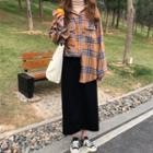 Plaid Shirt / Long-sleeve Turtleneck T-shirt / Midi Skirt
