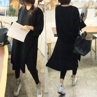 Monochrome Long-sleeve Side-slit T-shirt Dress