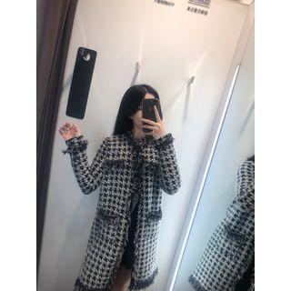 Fringed Houndstooth Open-front Coat