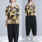 Puff-sleeve Geometric Print Blouse Blouse - Green & Blue & Gray - One Size