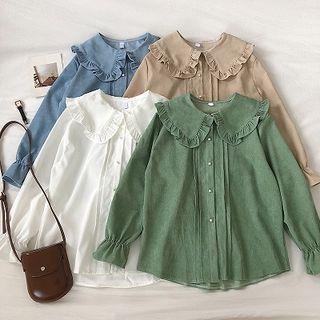 Plain Ruffled-trim Peter-pan Collar Single-breasted Corduroy Blouse