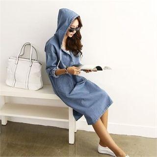 Buttoned Denim Hoodie Dress Light Blue - One Size