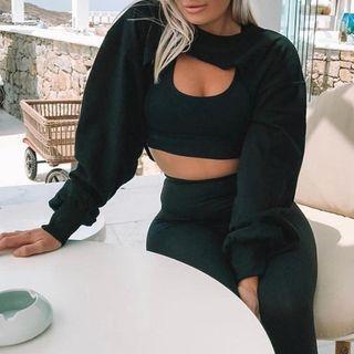 Long Sleeve Plain Cut-out Crop Sweatshirt