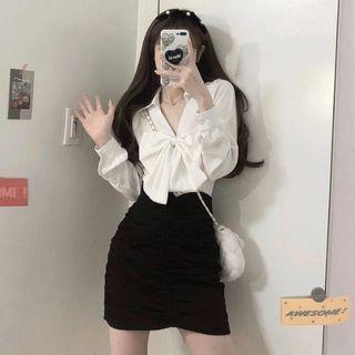 V-neck Bow Accent Blouse / Mini Pencil Skirt