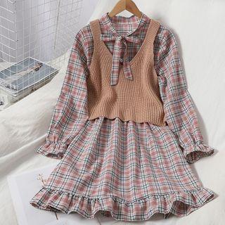 Set: Plaid Long-sleeve Mini A-line Dress + Rib Knit Camisole Top