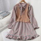 Set: Plaid Long-sleeve Mini A-line Dress + Rib Knit Camisole Top