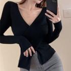 Long-sleeve Cross Front Ribbed Knit Sweater