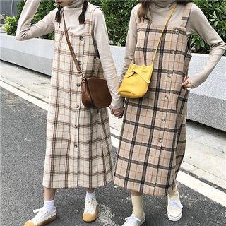 Long-sleeve Turtleneck T-shirt / Sleeveless Plaid Midi Dress