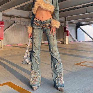Low Rise Furry-trim Floral Embroidered Boot-cut Jeans