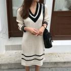 V-neck Contrast-trim Rib-knit Dress Ivory - One Size