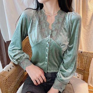 Lace Trim Lantern-sleeve Cropped Velvet Blouse