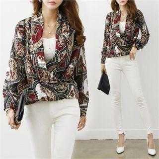 Patterned Drape-front Blouse Red & Black - One Size