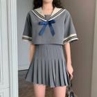 Set: Short-sleeve Sailor Collar Top + Pleated Skirt