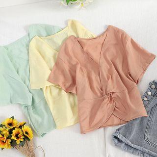 V Collar Knotted Short-sleeve Top