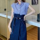 Cap-sleeve Striped Shirt / Denim Skirt