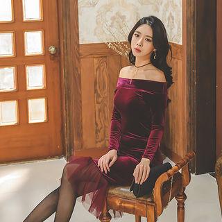Off-shoulder Velvet Mesh Midi Mermaid Dress