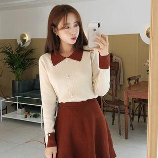 Set: Contrast-collar Knit Top + Knit Mini Skirt