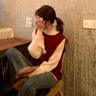 Knit Vest / Mock-neck Mesh Blouse