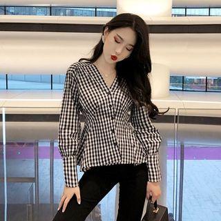 V-neck Check Single-breasted Ruffled-sleeve Blouse
