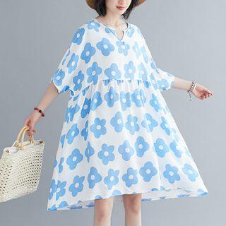 Batwing-sleeve Flower Print A-line Dress