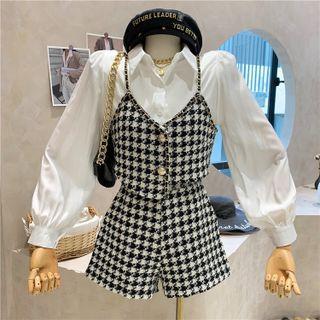 Set : Puff-sleeve Plain Shirt + Houndstooth Camisole Top + Shorts