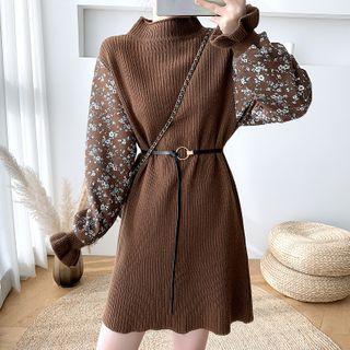 Floral Print Panel Mini A-line Sweater Dress