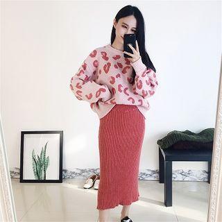 Set: Color-block Crewneck Long-sleeve Sweater + Plain High-waist Knit Skirt