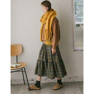 Band-waist Plaid Long Flare Skirt