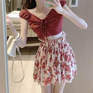 Short-sleeve Drawstring T-shirt / Floral Print Mini A-line Skirt