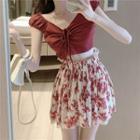 Short-sleeve Drawstring T-shirt / Floral Print Mini A-line Skirt