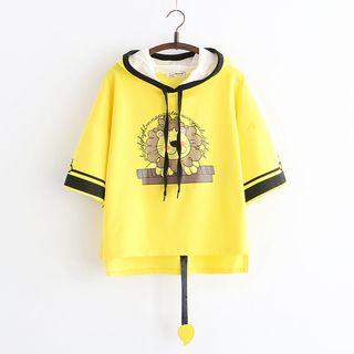 Lion Print Hooded Elbow-sleeve T-shirt / Lettering Elbow-sleeve T-shirt