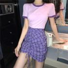 Short-sleeve T-shirt / Plaid Mini Fitted Skirt