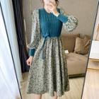 Long-sleeve Cable Knit Panel Floral Print Midi A-line Dress