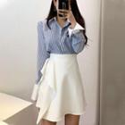 Long-sleeve Striped Shirt / Ruffled A-line Mini Skirt