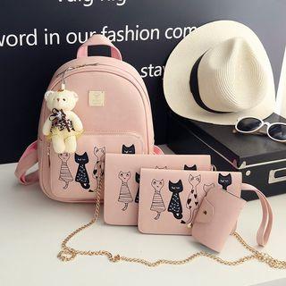 Set : Cat Faux Leather Backpack + Shoulder Bag + Clutch + Keyholder