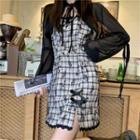 Long-sleeve Crop Top / Spaghetti Strap Plaid Mini Sheath Dress