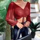 Mesh Drawstring-front Long-sleeve Cropped Blouse