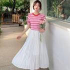Short-sleeve Striped Knit Top / Plain Pleated Midi Skirt